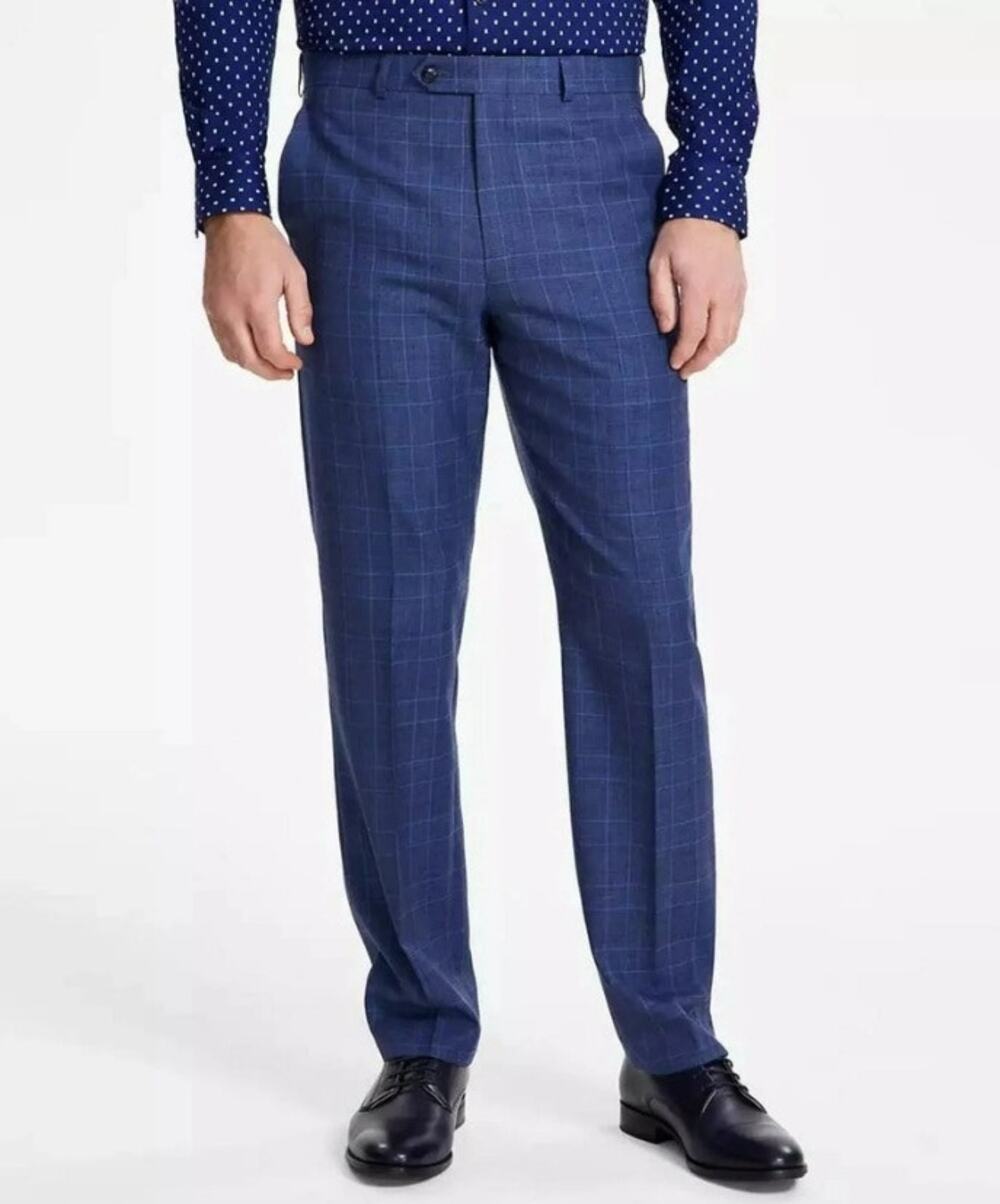 Michael Kors Men's Blue Plaid Wool Stretch Malone Classic Suit Pants 40x30